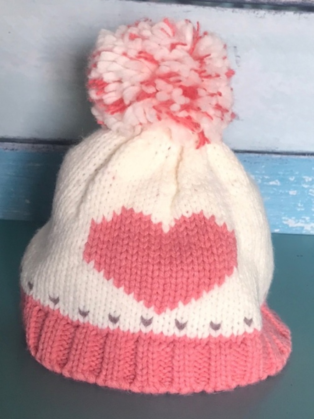 Kids Heart Pom-Pom Beanie Hat - Pink & Cream